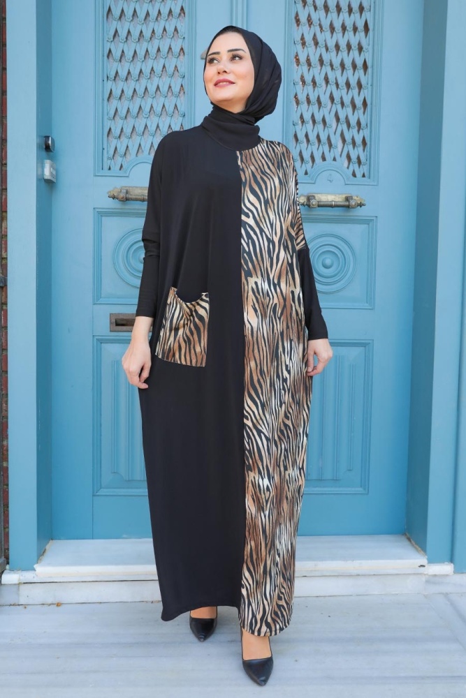 Neva Style - Zebra Desenli Bej Tesettür Elbise 14970BEJ - 1