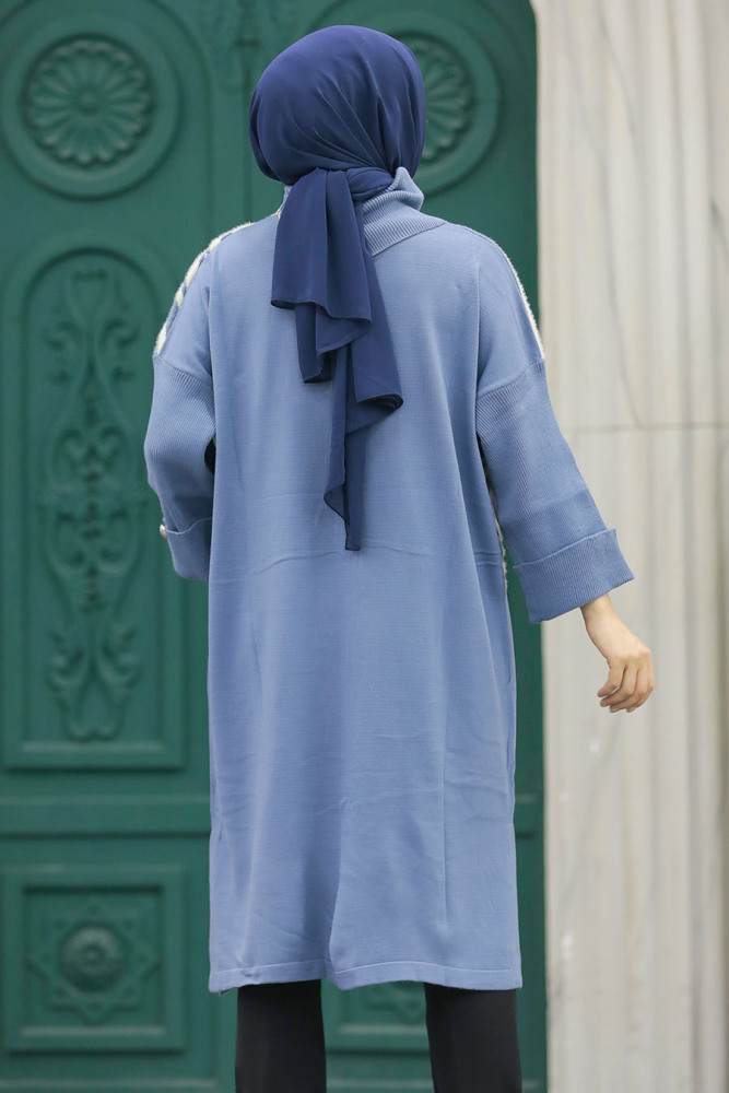 Neva Style - Zebra Desenli İndigo Mavisi Tesettür Triko Tunik 20651IM - 4