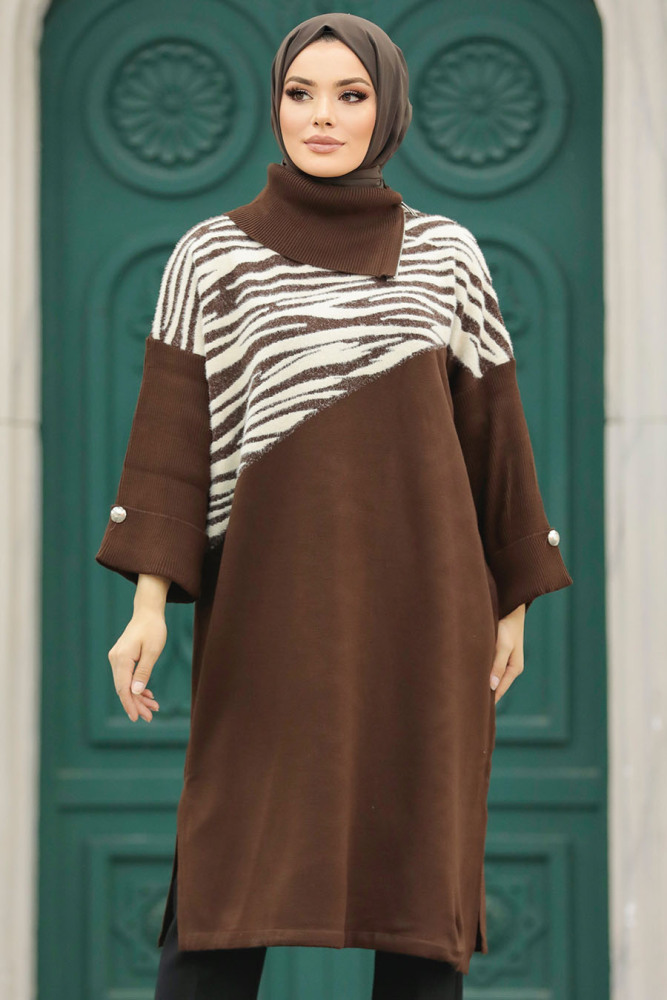 Neva Style - Zebra Desenli Kahverengi Tesettür Triko Tunik 20651KH - 3