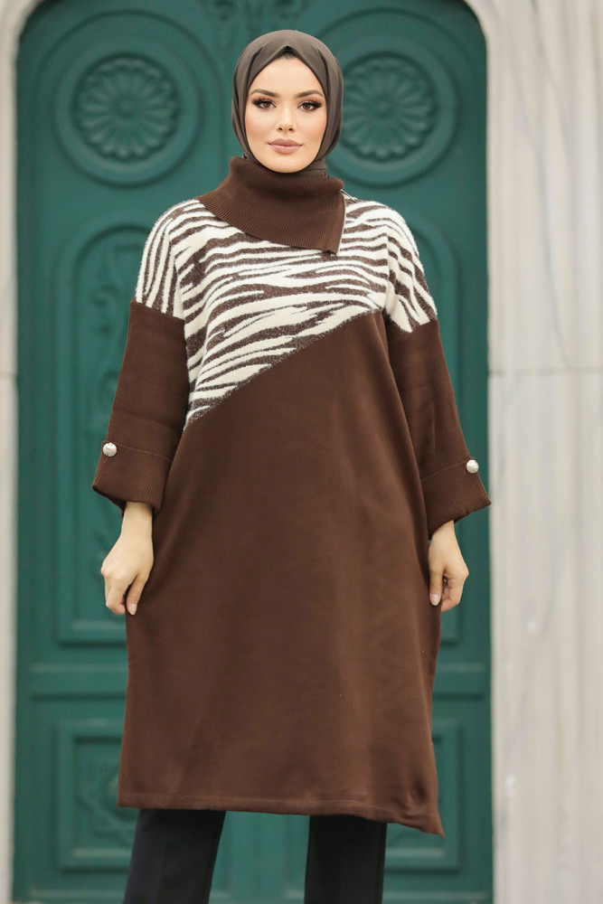 Neva Style - Zebra Desenli Kahverengi Tesettür Triko Tunik 20651KH - 2