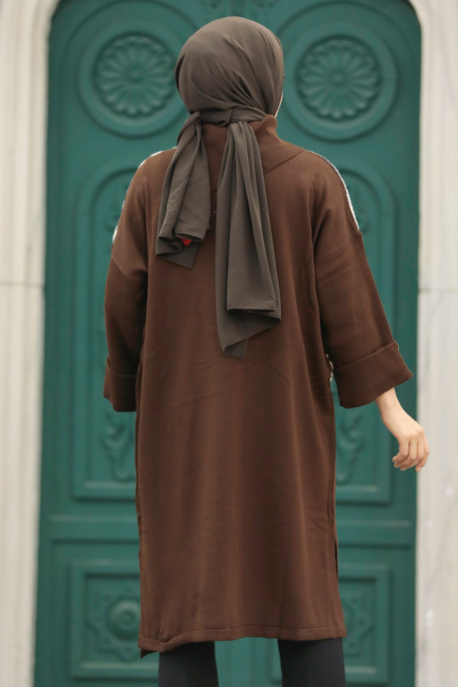 Neva Style - Zebra Desenli Kahverengi Tesettür Triko Tunik 20651KH - 4