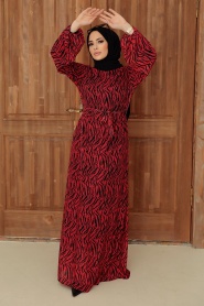 Neva Style - Zebra Desenli Kırmızı Tesettür Elbise 30243K - Thumbnail