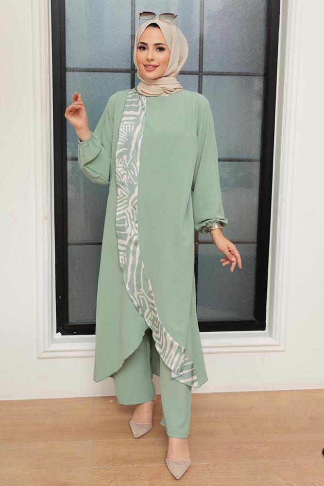  Zebra Desenli Mint Tesettür Takım 7686MINT - 1