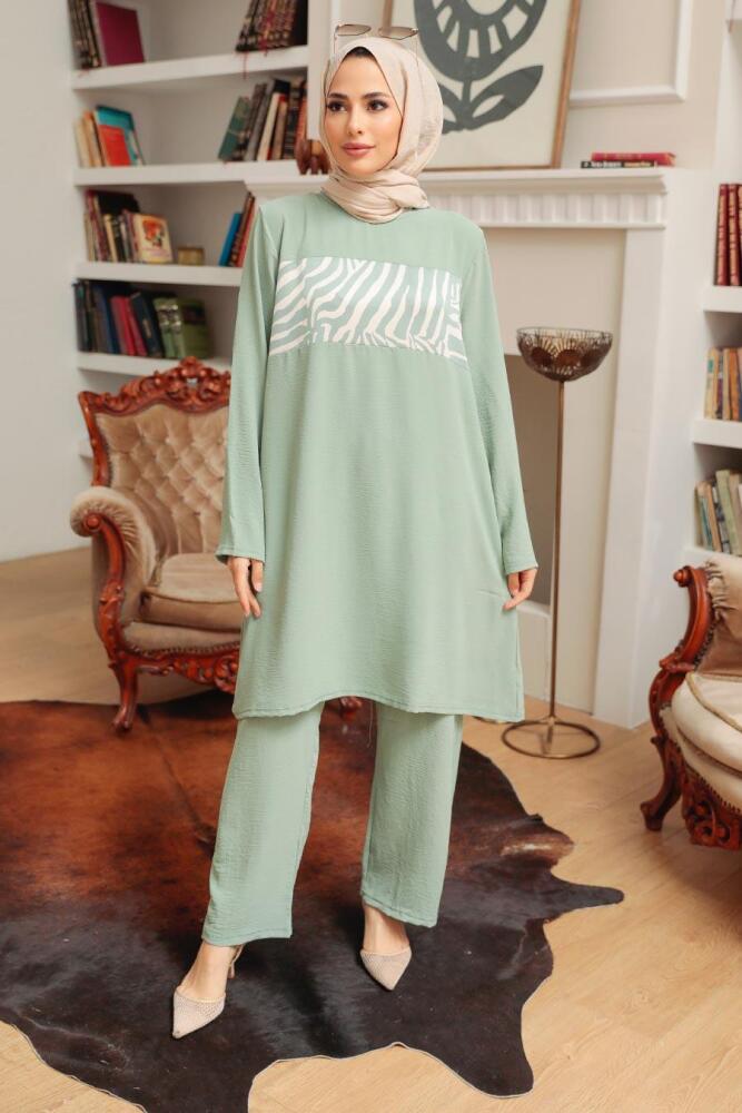 Neva Style - Zebra Desenli Mint Tesettür Takım 7687MINT - 2