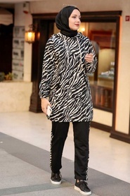Neva Style - Zebra Desenli Siyah Tesettür İkili Takım 1196S - Thumbnail