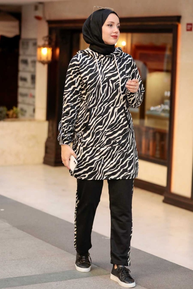 Neva Style - Zebra Desenli Siyah Tesettür İkili Takım 1196S - 2