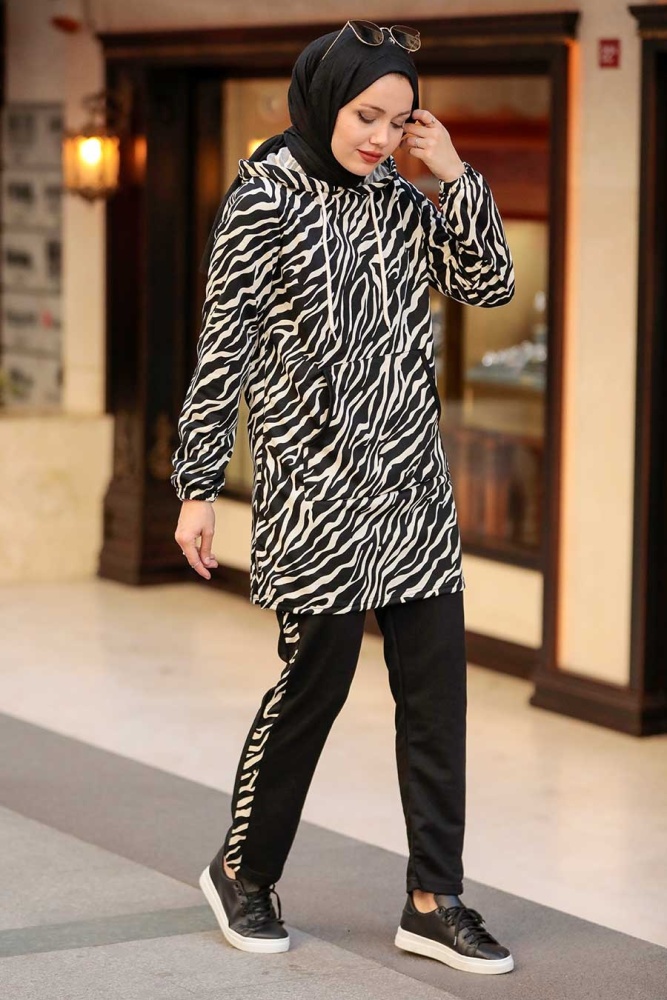 Neva Style - Zebra Desenli Siyah Tesettür İkili Takım 1196S - 1