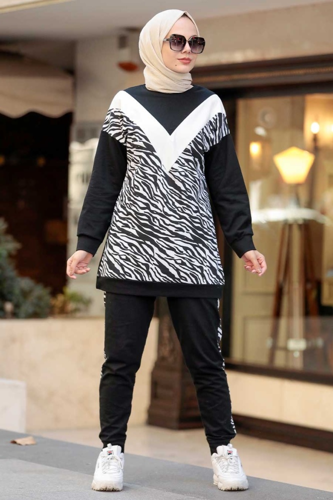 Neva Style - Zebra Desenli Siyah Tesettür İkili Takım 6903S - 1
