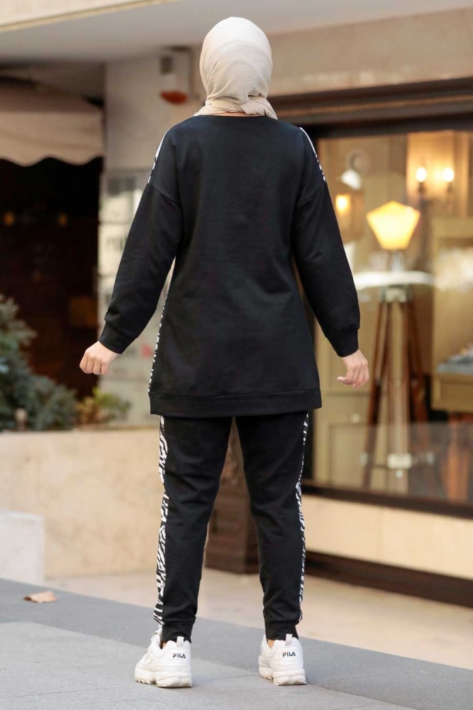 Neva Style - Zebra Desenli Siyah Tesettür İkili Takım 6903S - 2