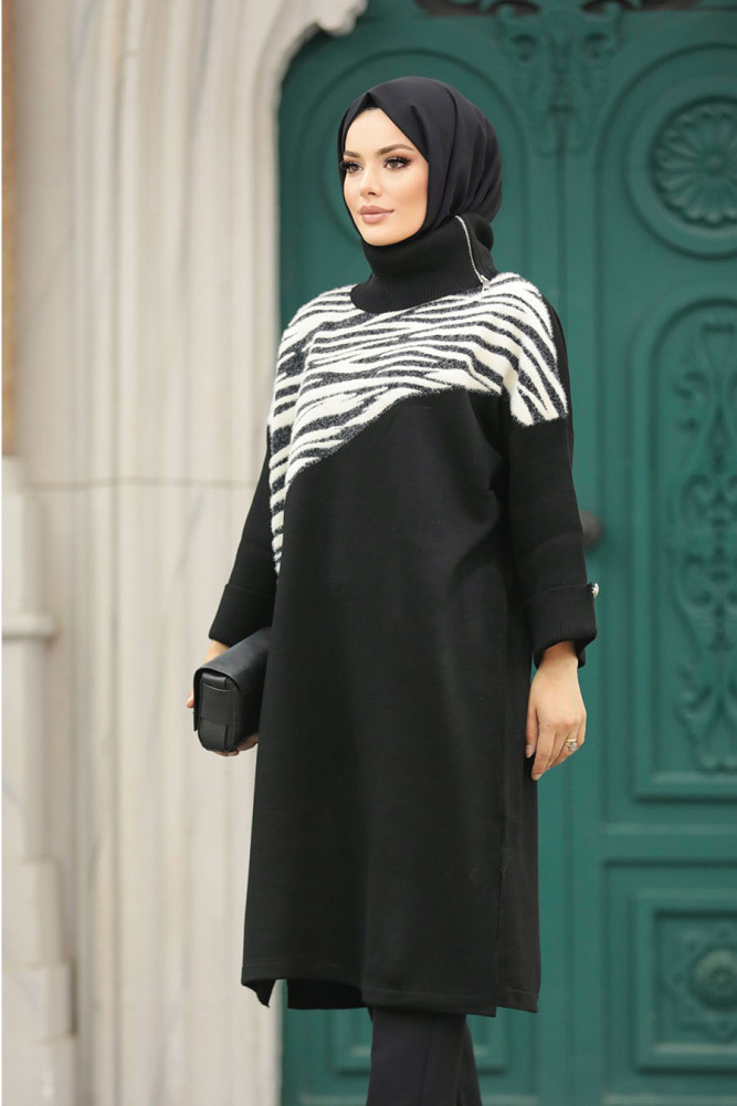 Neva Style - Zebra Desenli Siyah Tesettür Triko Tunik 20651S - 2