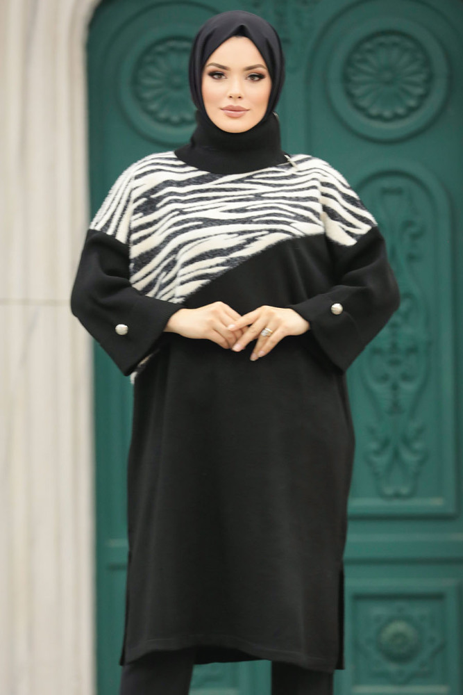 Neva Style - Zebra Desenli Siyah Tesettür Triko Tunik 20651S - 1