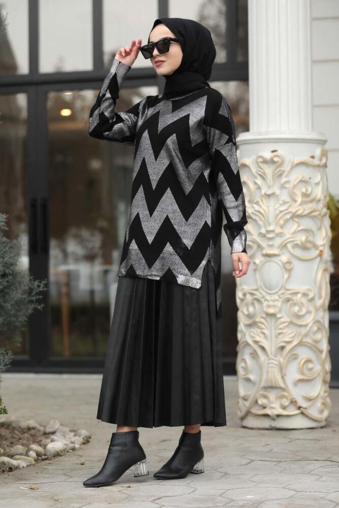 Neva Style - Zikzak Detaylı Gümüş Tesettür Triko Tunik 4440GMS - 1