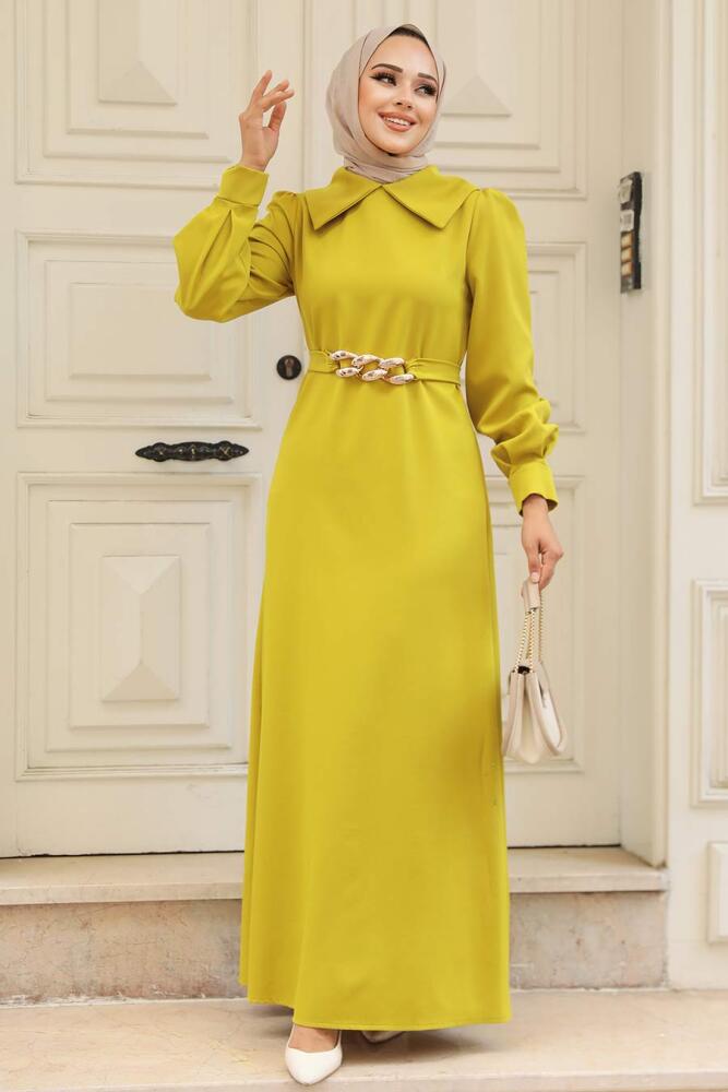 Neva Style - Zincir Detay Kemerli Asidik Sarı Tesettür Elbise 3420AS - 1