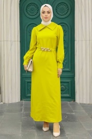 Neva Style - Zincir Detay Kemerli Asidik Sarı Tesettür Elbise 3420AS - Thumbnail