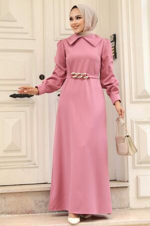 Neva Style - Zincir Detay Kemerli Gül Kurusu Tesettür Elbise 3420GK - 1