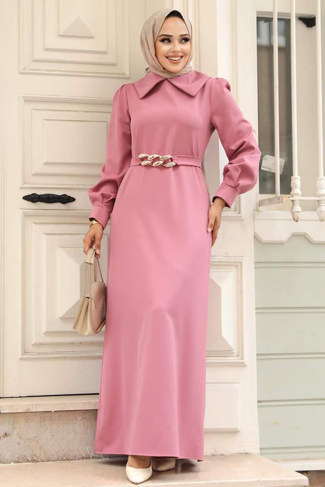 Neva Style - Zincir Detay Kemerli Gül Kurusu Tesettür Elbise 3420GK - 2