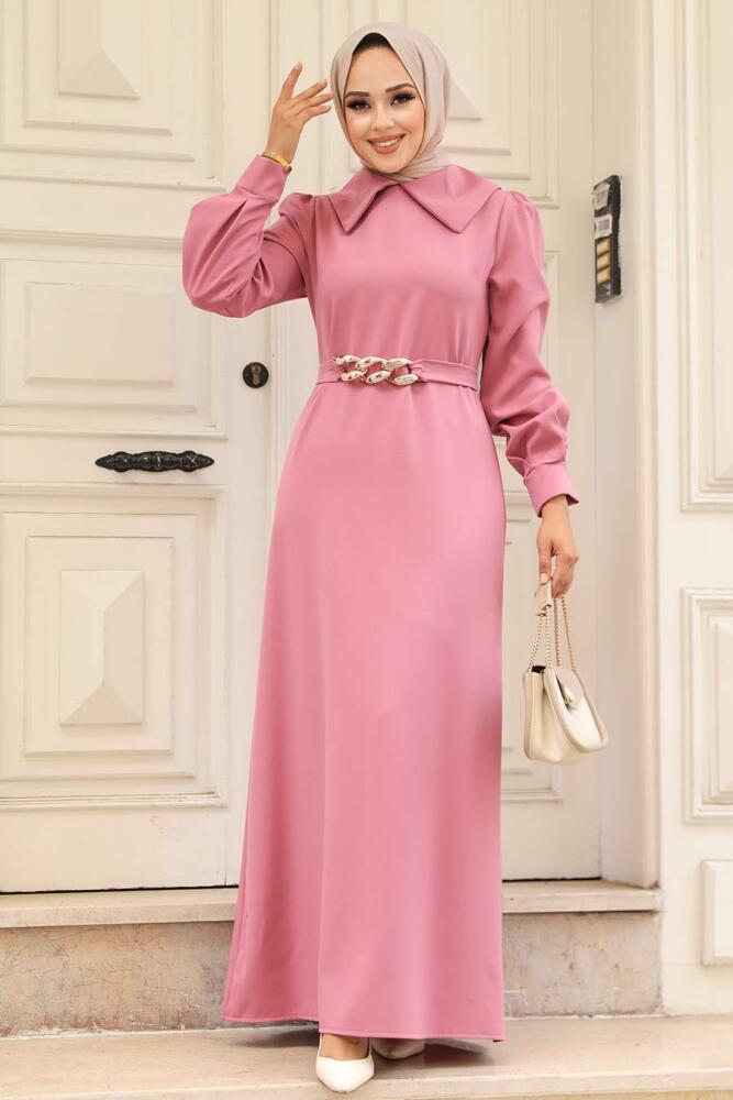 Neva Style - Zincir Detay Kemerli Gül Kurusu Tesettür Elbise 3420GK - 3