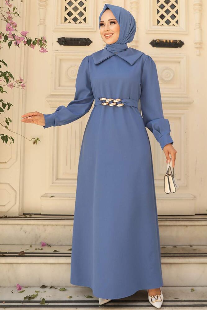 Neva Style - Zincir Detay Kemerli İndigo Mavisi Tesettür Elbise 3420IM - 1