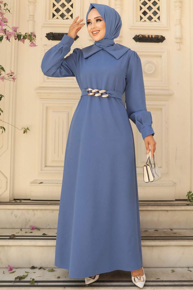 Neva Style - Zincir Detay Kemerli İndigo Mavisi Tesettür Elbise 3420IM - 2