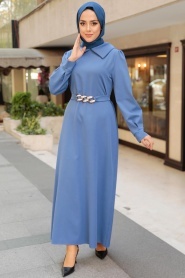 Neva Style - Zincir Detay Kemerli İndigo Mavisi Tesettür Elbise 3420IM - Thumbnail