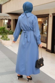 Neva Style - Zincir Detay Kemerli İndigo Mavisi Tesettür Elbise 3420IM - Thumbnail