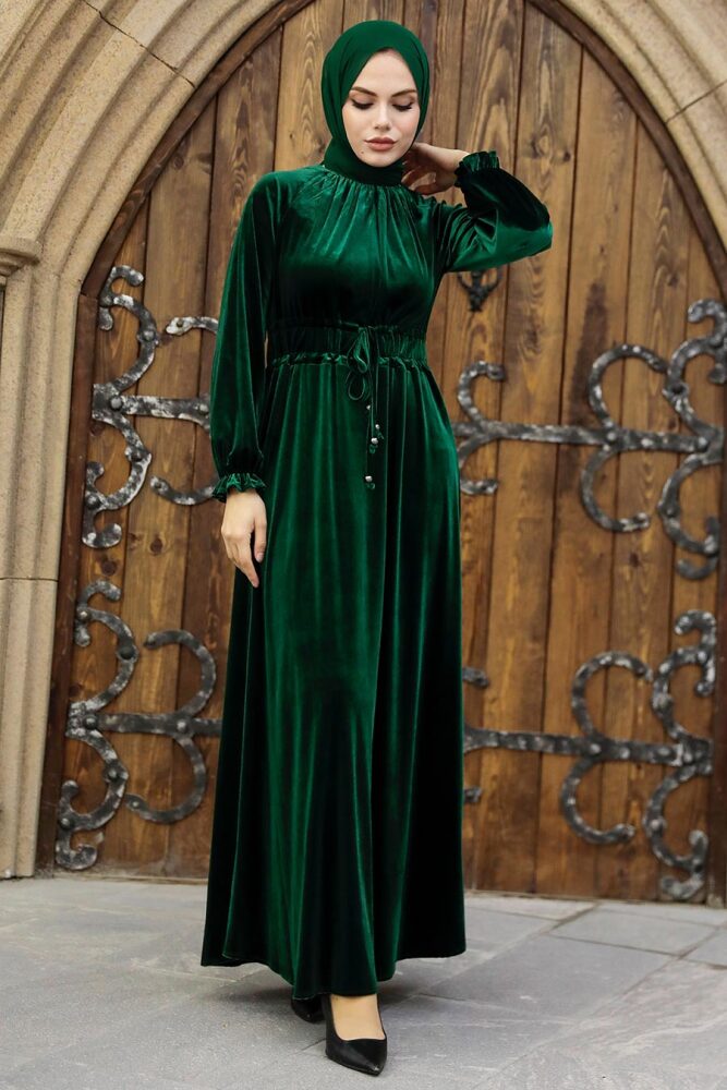 Neva Style - Zümrüt Yeşili Tesettür Kadife Elbise 36921ZY - 1