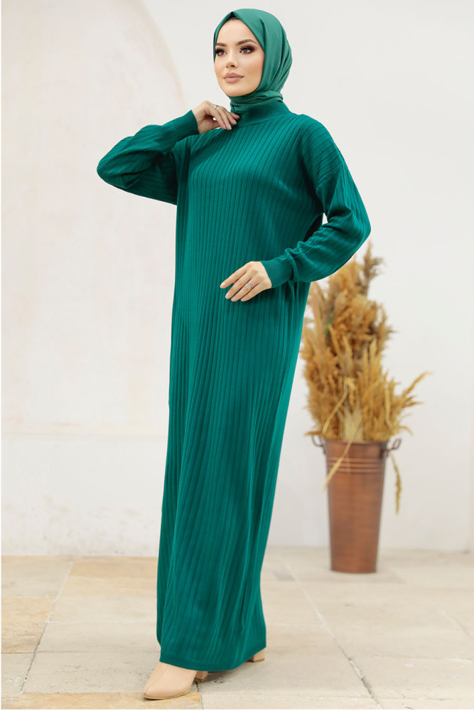 Neva Style - Zümrüt Yeşili Tesettür Triko Elbise 20161ZY - 1