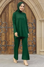 Neva Style - Zümrüt Yeşili Tesettür Triko İkili Takım 34060ZY - Thumbnail