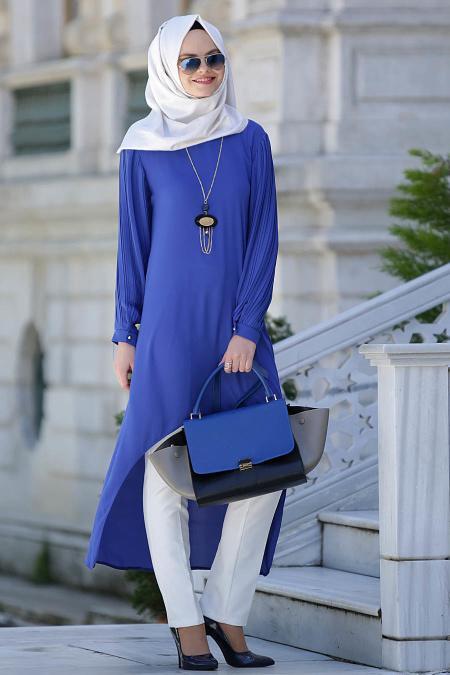 New Kenza - Arkası Uzun Sax Mavisi Tunik - 2