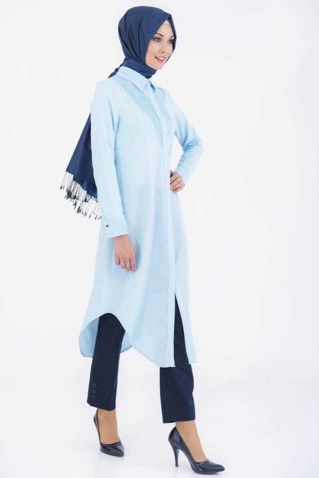 New Kenza - Asimetrik Kesim Buz Mavisi Tunik - 2