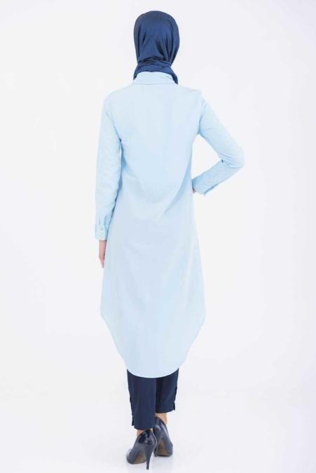 New Kenza - Asimetrik Kesim Buz Mavisi Tunik - 3