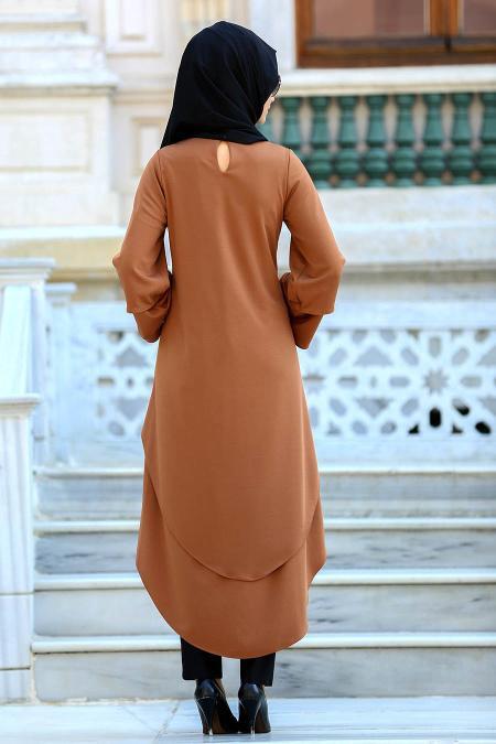New Kenza - Asimetrik Kesim Camel Tesettür Tunik 2121C - 2