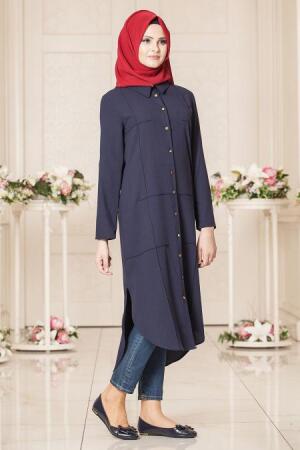 New Kenza - Asimetrik Kesim Düğmeli Lacivert Tesettür Tunik 2921L - 1