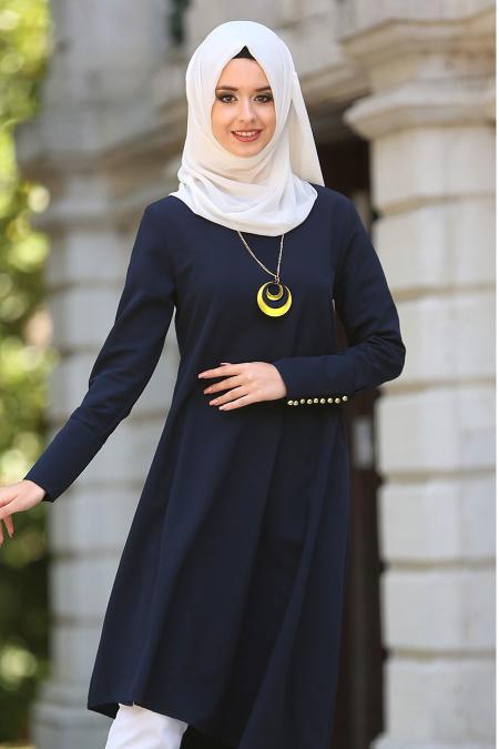 New Kenza - Asimetrik Kesim Kolyeli Lacivert Tunik 2024L - 2
