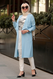 New Kenza - Baby Blue Hijab Coat 4981BM - Thumbnail