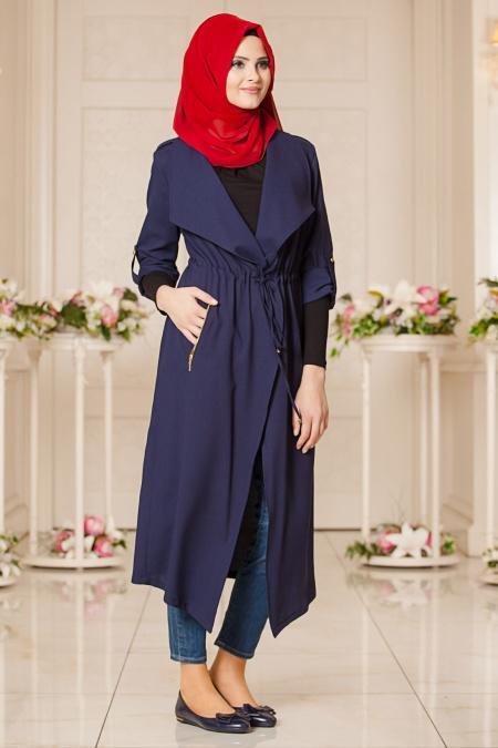 New Kenza - Belden Büzgülü Lacivert Tesettür Kap 4915L - 1
