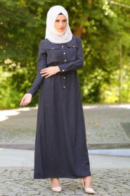 New Kenza - Belden Büzgülü Siyah Tesettür Elbise 3081S - Thumbnail