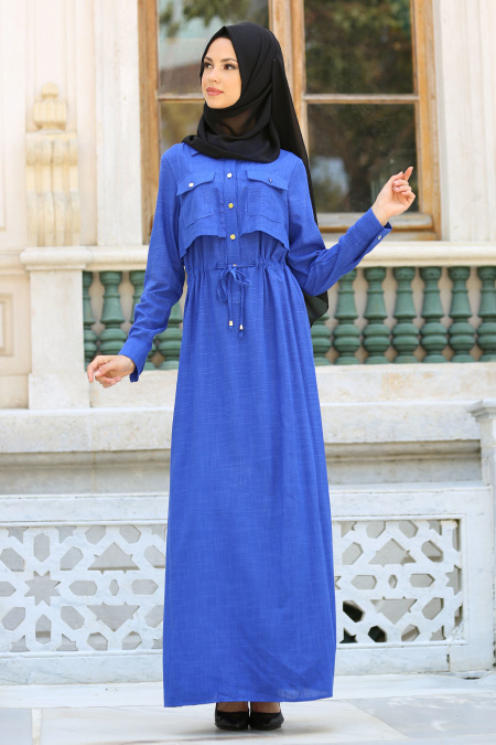 New Kenza - Belden Büzgülü Saks Mavisi Tesettür Elbise 3081SX