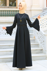 New Kenza - Beli Dantelli Siyah Tesettür Elbise 3074S - Thumbnail