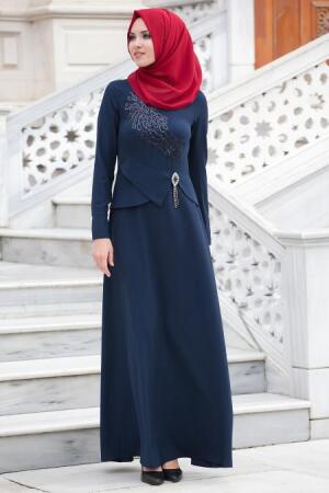 New Kenza -Beli Taş Detaylı Lacivert Abiye Elbise - 1