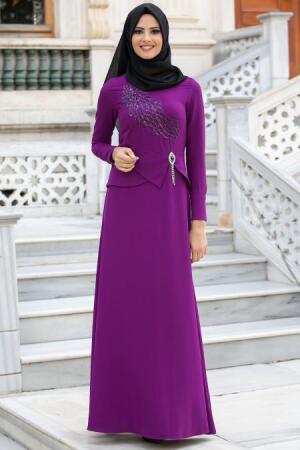 New Kenza -Beli Taş Detaylı Mürdüm Abiye Elbise - 1