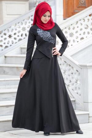New Kenza -Beli Taş Detaylı Siyah Abiye Elbise - 1