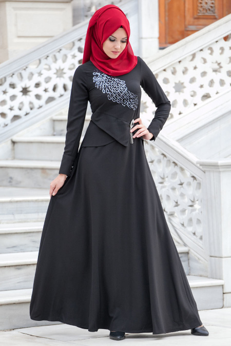 New Kenza -Beli Taş Detaylı Siyah Abiye Elbise