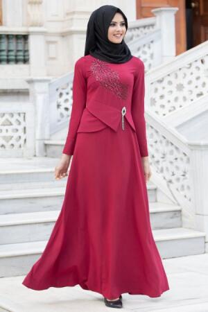 New Kenza -Beli Taş Detaylı Vişne Abiye Elbise - 1