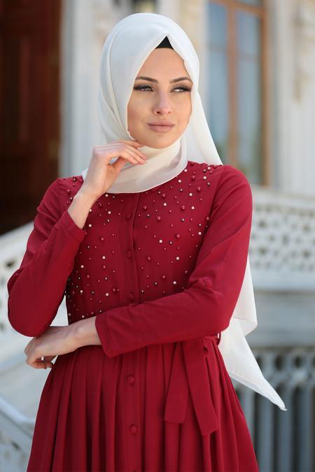 New Kenza - Boncuk Detaylı Bordo Tesettür Elbise 3076BR - 2