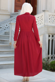 New Kenza - Boncuk Detaylı Bordo Tesettür Elbise 3076BR - Thumbnail