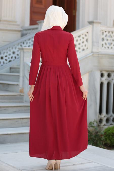 New Kenza - Boncuk Detaylı Bordo Tesettür Elbise 3076BR - 3