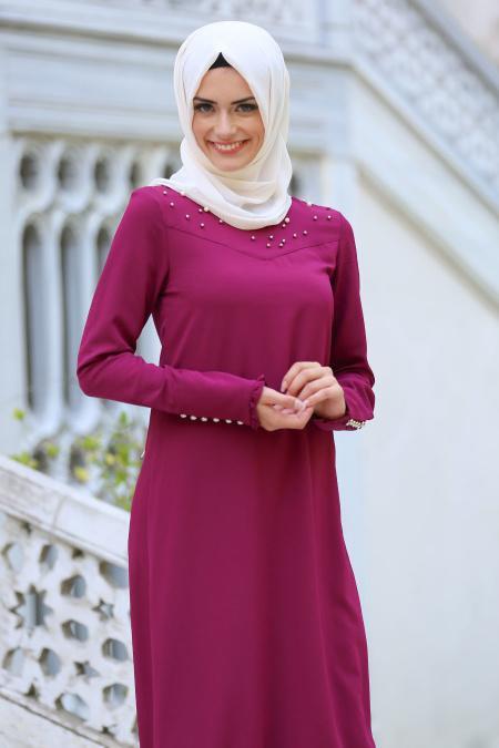 New Kenza - Boncuk Detaylı Fırfırlı Mürdüm Tesettür Tunik 2037MU - 2