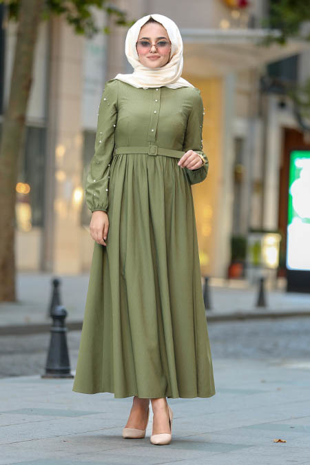 New Kenza - Boncuk Detaylı Kemerli Fıstık Yeşili Tesettür Elbise 3158FY