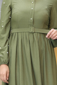 New Kenza - Boncuk Detaylı Kemerli Fıstık Yeşili Tesettür Elbise 3158FY - Thumbnail